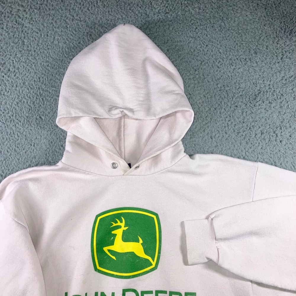 VTG John Deere Logo Hoodie Mens M Pink Retro Gorpcore Graphic Thrashed Pullover